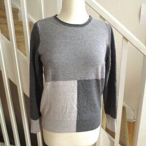 Grey Geometric Color Block Merino Crew Neck Pullover Sweater
